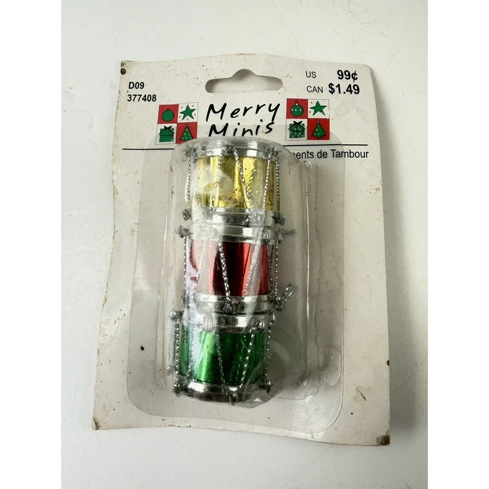 Vintage Merry Minis Drum Ornaments Set of 3 NOS Sealed Michaels Christmas Decor